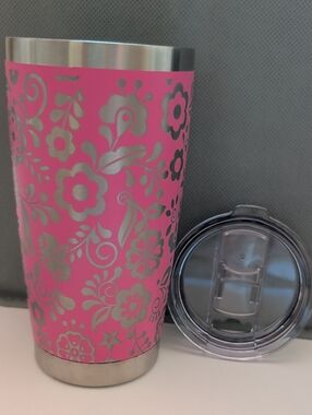 20 Oz Pink Floral Stainless Steel Tumbler with Clear Lid - New - Full 360 Etchin